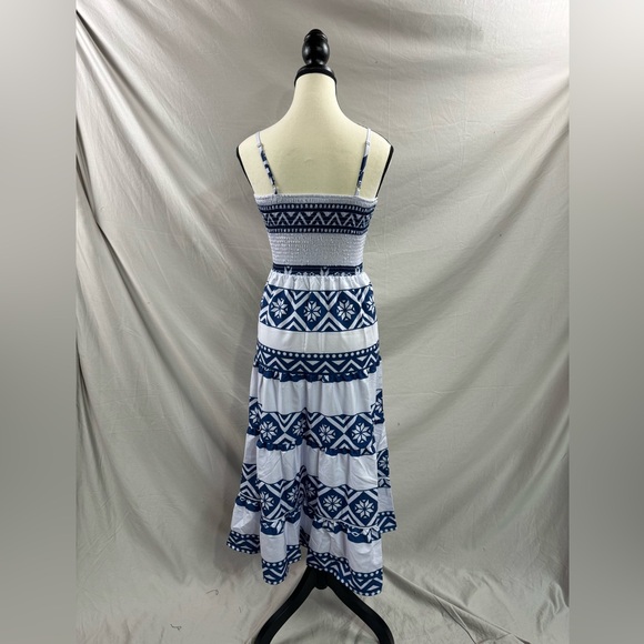 Boho Geo Print Ruffle Hem Cami Dress White/Blue - Picture 9 of 9